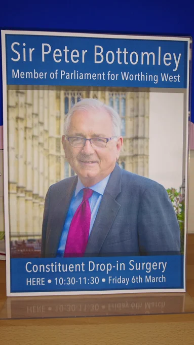 Sir Peter Bottomley, Member of Parliament for Wothing West, will hold a constituent drop-in surgery at Rustington Library on Friday 6 March 2020