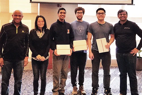 David Charles, Business and People Analytics, John Deere; Bo Li, head, Department of Statistics; Rishub Podar; Liam Lutton; Andrew Ma; Unnval Patel, Synchrony. Podar, Lutton, and Ma were winners of the most innovative model category. 