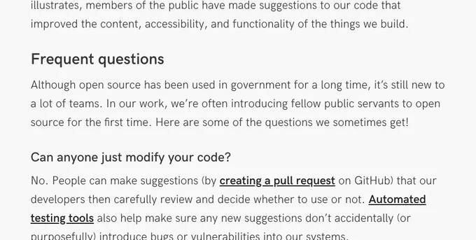 A screenshot from the article that says, "Although open source has been used in government for a long time, it’s still new to a lot of teams. In our work, we’re often introducing fellow public servants to open source for the first time. Here are some of the questions we sometimes get!" 
