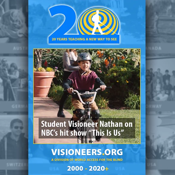 Visioneers Twitter module shows a screengrab of Student Visioneer Nathan riding his bicycle while wearing a helmet in the TV program "This Is Us". Image ©2020 NBC Universal.