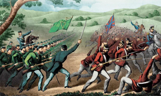 A painting showing men dressed in green uniforms on the left (Ireland) attached men dressed in red uniforms on the right (Canada/Great Britain).