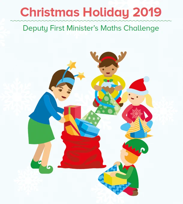 Cover of the Deputy First Minister's Christmas Holiday Maths Challenge 2019, featuring a cartoon teacher and three pupils