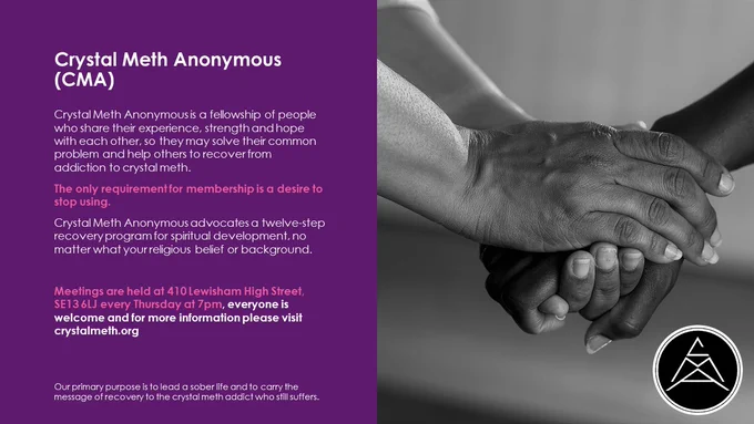 Crystal Meth Anonymous meeting - two hands holding each other, being supportive