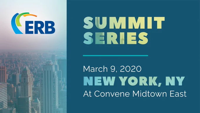 ERB NYC Regional Summit promotion. On right, copy reads March 9, 2020 New York NY at Convene Midtown East. On right, photo of Manhattan skyline