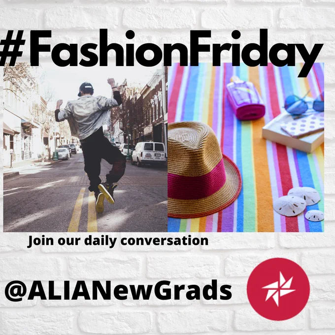 Image is split in two, with the left side depicting a young person in denim jacket, trackpants, cap and sneakers jumping artfully in the middle of a street, whilst the right side depicts a hat, sunscreen, book and glasses laid on a beach towel, both centred on a white brick background. Fashion Friday hashtag is at the top of the image, with ALIA logo and SNGG Twitter Handle at bottom.
