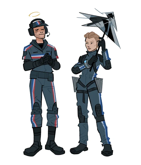 A drawing of Fragile and Higgs in their respective Bridges outfits.