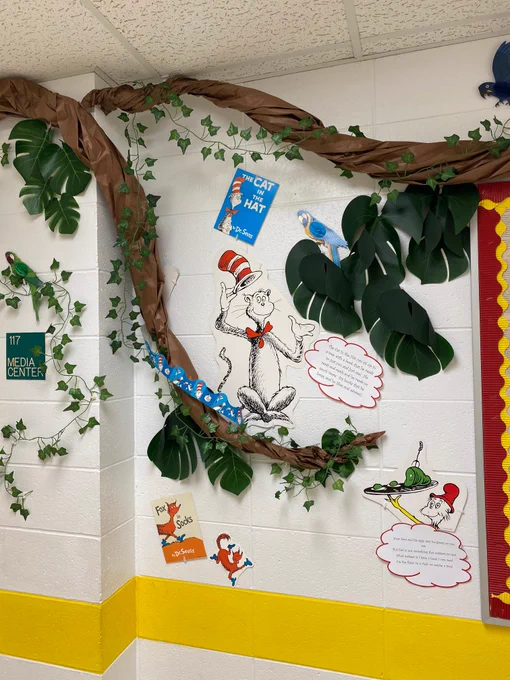 Dr. Seuss decorations in the hallway at Seagrove Elementary School.