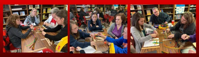 Media Specialists create a tower using pipe cleaners, Popsicle sticks, paper and pom poms.