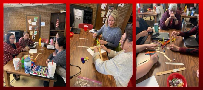 Media Specialists create a tower using pipe cleaners, Popsicle sticks, paper and pom poms.