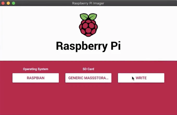 Screenshot of window titled "Raspberry Pi Imager" with options to select an operating system and SD card, and a WRITE button to begin writing