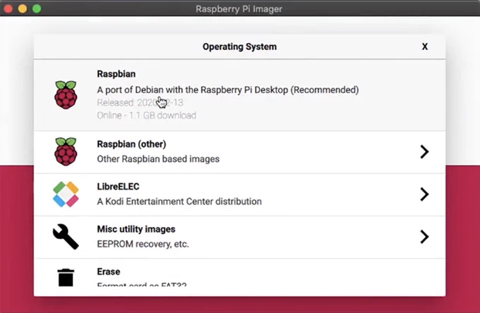 Screenshot of Raspberry Pi Imager with dialogue box showing a list of Raspbian and other operating systems available to install