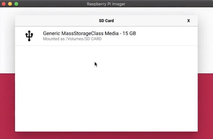 Screenshot of Raspberry Pi Imager window with dialogue box showing SD cards available to image