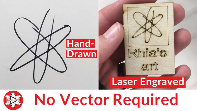 Hand-drawn atom on the left. Laser engraved atom on the right. Text: No Vector Required