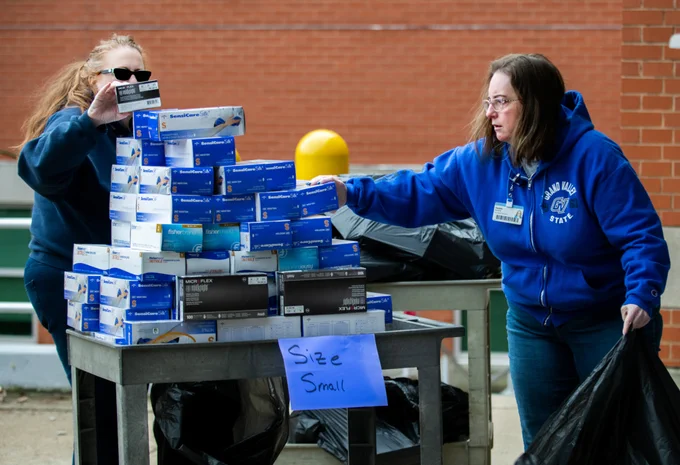 Thousands of disposable gloves used in GVSU labs were donated to Spectrum Health to help boost medical resources during the COVID-19 pandemic