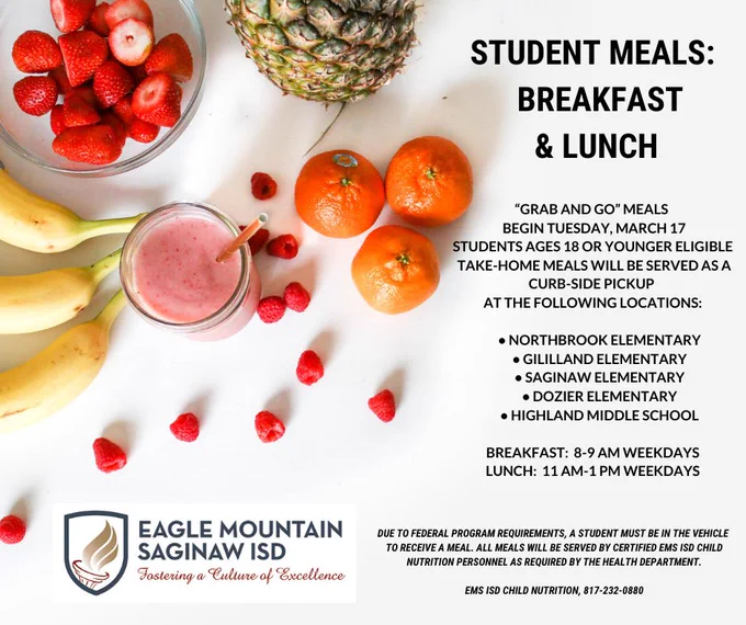 Graphic of fruit with information about student meal service during the closure. Info also available on district website.