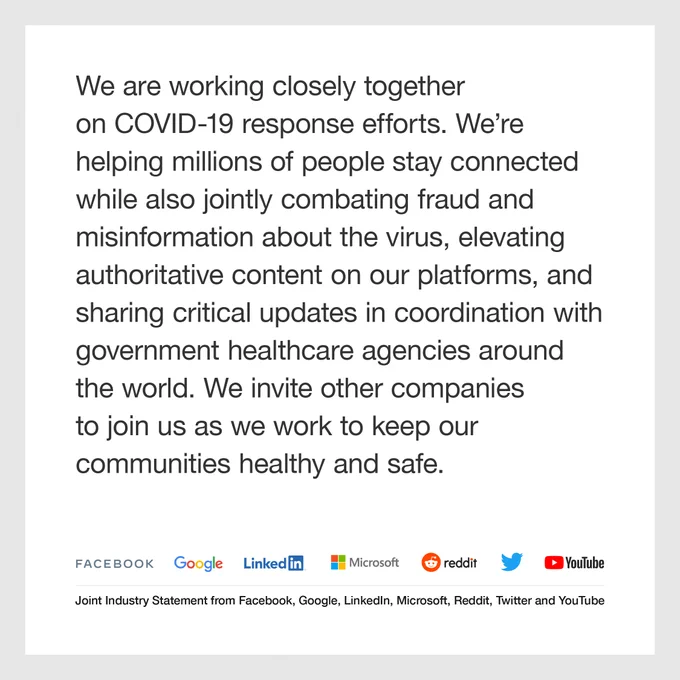 Image of a joint statement from Microsoft, Twitter, YouTube, Facebook, Google, LinkedIn and Reddit regarding COVID-19.