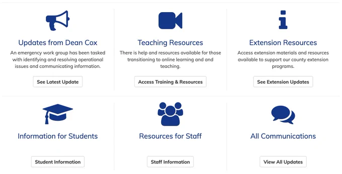 website layout with resources for students, staff and faculty