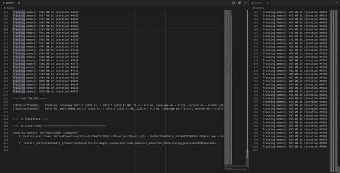 JSDOM makes the script crash at iteration 4250, using over 2000GB memory.
BasicHTML performs all 10000 iterations at 500MB used memory.