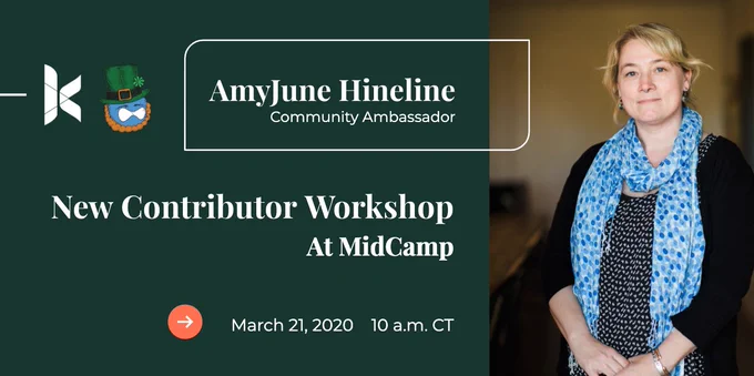Image of AmyJune Hineline. Text says New Contributor Workshop at MidCamp, March 21 10 am CT