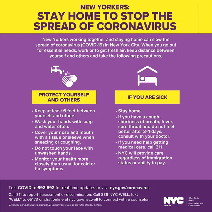 A graphic on coronavirus. New Yorkers should stay home to slow the spread and only go outside for essential needs. They should keep 6 feet of distance, wash their hands with soap often, cover your mouth when coughing and sneezing, don’t touch your face and monitor your health. Also if you’re sick, stay home, call a doctor if you have symptoms for 3-4 days, call 311 if you don’t have a doctor.