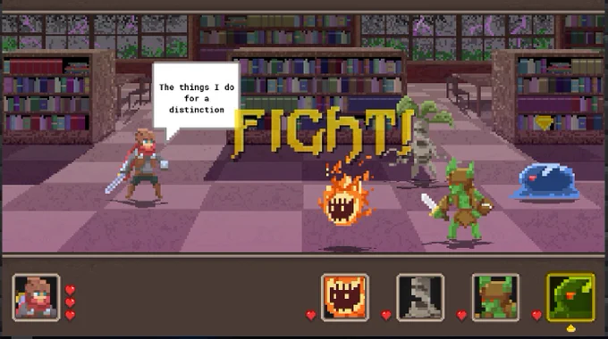 screen shot of retro style video game fight scene set in library
