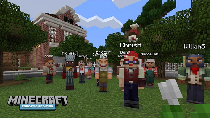 A group of Minecraft: Education Edition characters stand on a lawn in front of a building.
