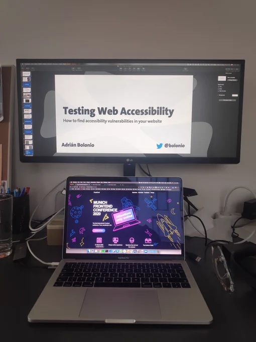 A computer with the slides of a presentation about testing Web Accessibility
