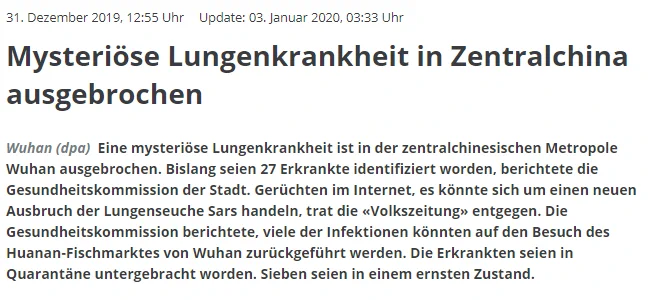 dpa-Agentur. Text: "Eine mysteriöse Lungenkrankheit ist in der zentralchinesischen Metropole Wuhan ausgebrochen. Bislang seien 27 Erkrankte identifiziert worden, berichtete die Gesundheitskommission der Stadt. Gerüchten im Internet, es könnte sich um einen neuen Ausbruch der Lungenseuche Sars handeln, trat die «Volkszeitung» entgegen."