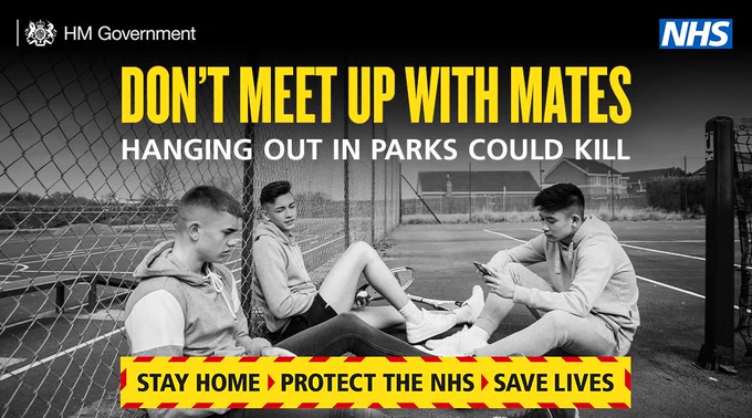 Don't meet up with mates - hanging out in parks could kill. Stay home, protect the NHS, save lives