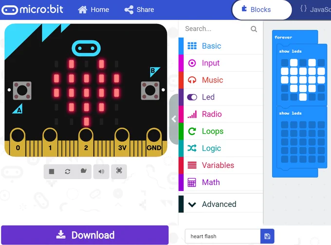 Screenshot of the microbit website, showing microbit simulator, block menu and basic code example