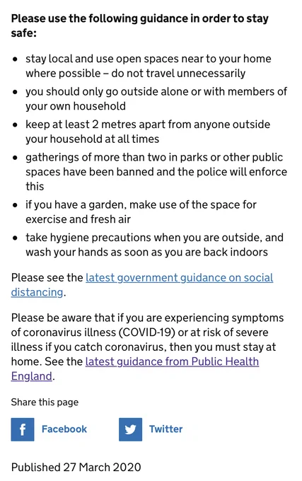 The UK government revises its guidelines for exercising outdoors. Stay local when exercising is the new advice. 