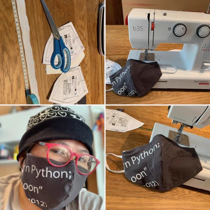 Vicky Twomey-Lee wearing DIY Fabric facemask, and pics of WIP and finished mask.