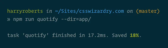 Screenshot showing how swapping double quotes to single quotes improves file-sizes by up to 18%.