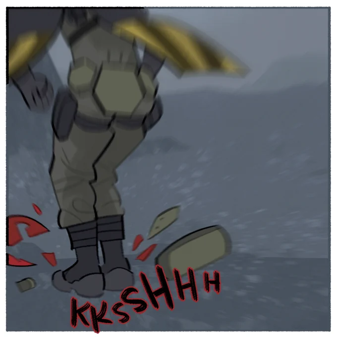 He lands on his BB pod, shattering it to pieces.