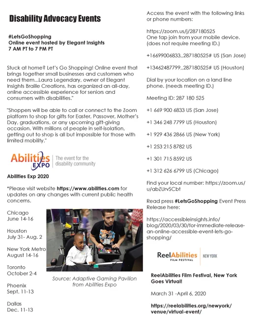 Image of Disability Advocacy Calendar listing Elegant Insights Let's Go Shopping event, Abilities Expo, ReelAbilities Film Festival.  Image of young boy in wheelchair playing adaptive video game with help of video game expert. Download full calendar for more details in temporary link here: https://we.tl/t-1RHJ7JCxXL 