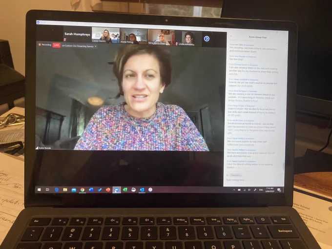 Photo of laptop screen with Katie Novak hosting Zoom conference