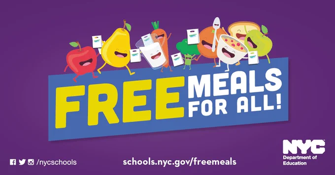Text reads: Free Meals for All. schools.nyc.gov/freemeals. NYC Department of Education. 