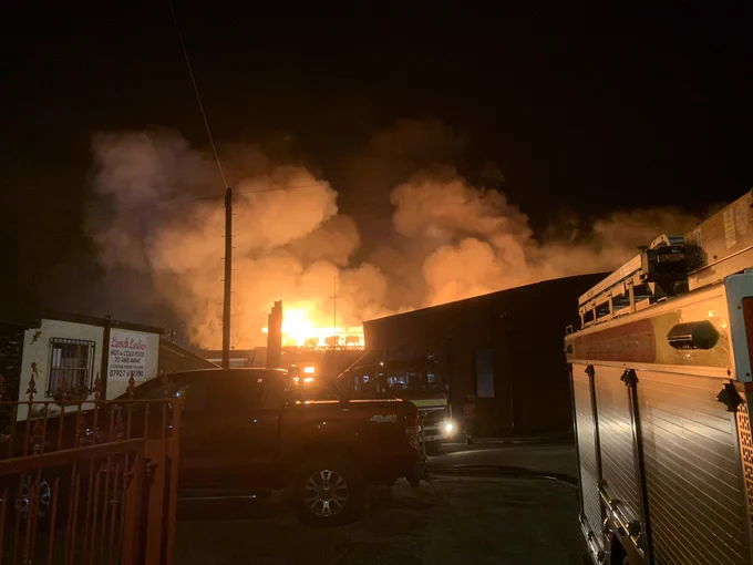 ‪A blaze involving a number of buildings on an industrial estate on Croft Street, Hyde‬