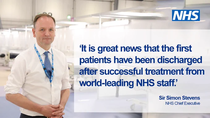 'It is great news that the first patients have been discharged after successful treatment from world-leading NHS staff.' — Sir Simon Stevens, NHS Chief Executive