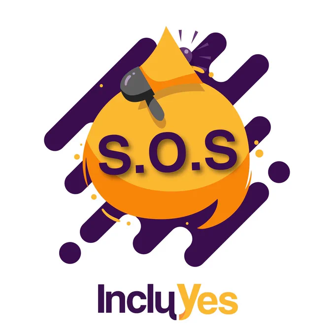 La palabra SOS en letras color morado sobre una burbuja de chat. Se muestra un megáfono sobre el mensaje. Todo el mensaje se encuentra con un ligero ángulo de inclinación hacia la izquierda. El logo de IncluYes sobre fondo blanco en la parte baja de la imagen.