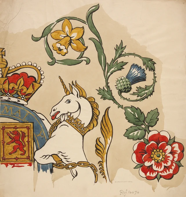 Royal Coat of Arms design featuring a Unicorn surrounded by a daffodil, thistle and rose.