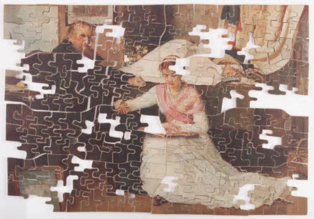A close up of a near-complete jigsaw puzzle. The picture shows a man and a woman sat together reading.