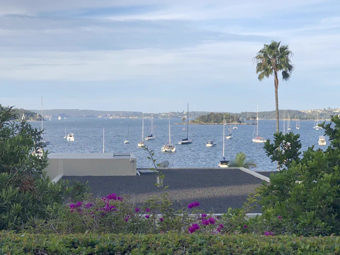 View of Sydney Harbour looking northeast from McElhone Reserve, Elizabeth Bay. Small boats on the water. In foreground are hedge, trees, plants and roof of a house. Sky is blue with a little bit of cloud.