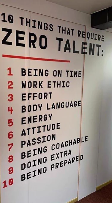 An office wall listed with 10 things that require Zero Talent.