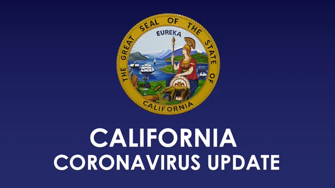 Dark blue background with California state seal at the center. 

White text: California Coronavirus Update