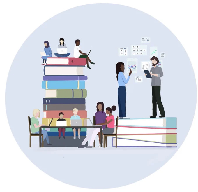 illustration of 3 groups of students and parents sitting around table and standing on 2 piles of books