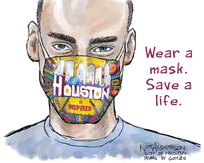 Wear a mask. Save a life. Man wears a mask with the "Houston is inspired" painted mural on it.