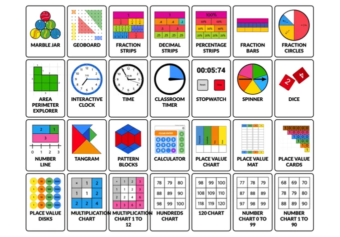 Screenshot of various virtual manipulatives titles