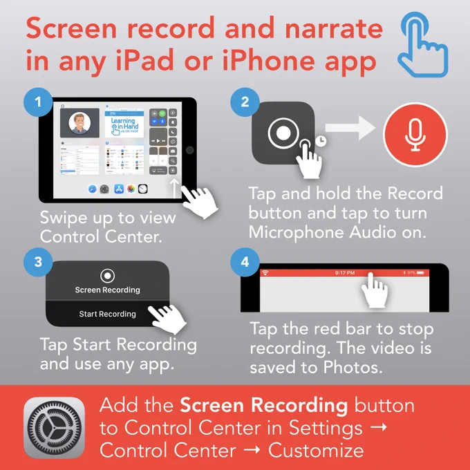 Screen record and narrate in any iPad or iPhone app directions.