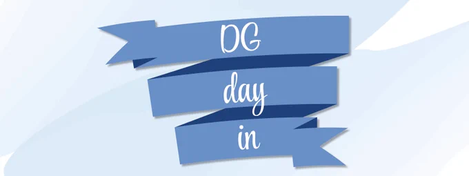 a blue ribbon with text that reads DG Day in